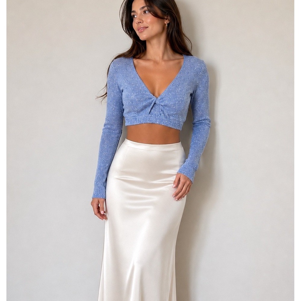 Simkhai Crop Sweater Top S Blue Metalic V-neck Long Sleeve Fairy Party Glam $325